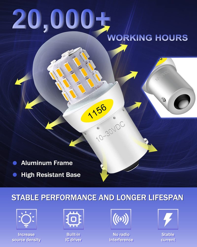 Alopee 1156 LED Bulb Amber 10-30V DC 1156 Bulb Replacement for 1141 1003 7506 P21W Blinker Light, Turn Signal Bulb 3014 Chips, Non Polarity, Pack of 2 - Image 4